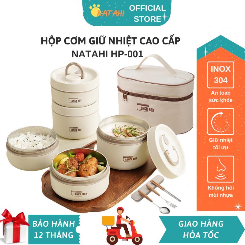 Hộp cơm giữ nhiệt văn phòng lúa mạch NATAHI HP001 Inox 304 chống gỉ cao cấp được tặng kèm túi sticker và hộp đũa thìa nĩa gỗ sang trọng