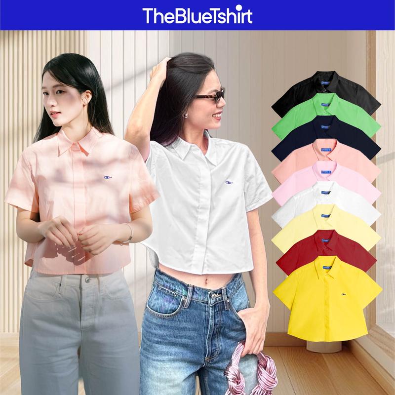 TheBlueTshirt - Áo sơ mi croptop tay ngắn trơn có nhiều màu cho nữ - Poplin Boxy Shirt - Women