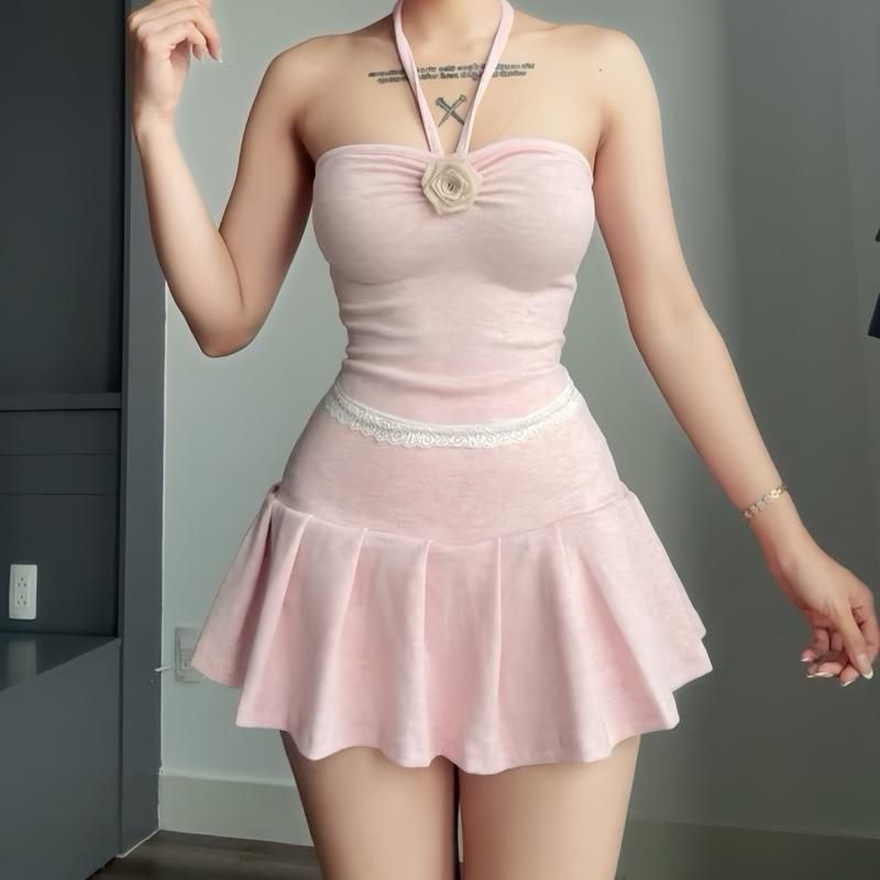 Set đầm nữ áo yếm đính hoa 2 món váy xếp lylolystore Nữ Women