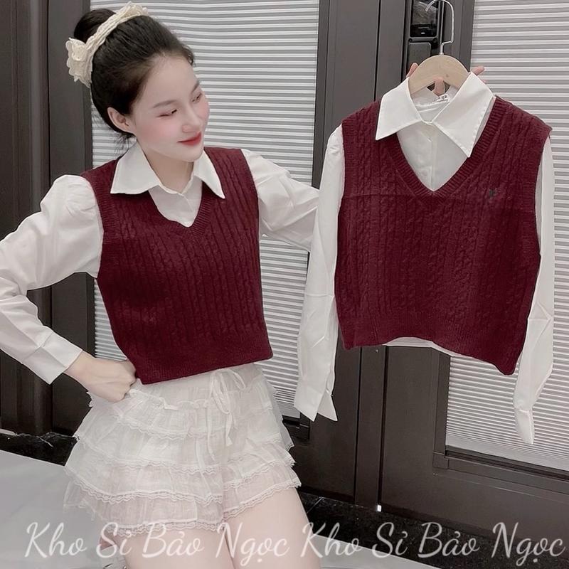 S176 Set Áo Len Gile Thêu Kèm Sơ Mi Tay Bồng Dáng Ngắn Kho Sỉ Nguyễn Bảo Ngọc