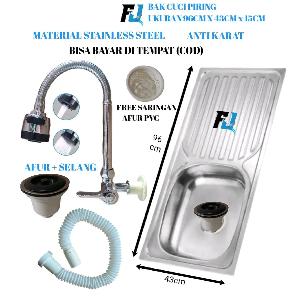 Wastapel cuci piring 96CM X 43CM material stainless stel anti karat Bak cuci piring 1set stainless wastafel dapur portable sink modern