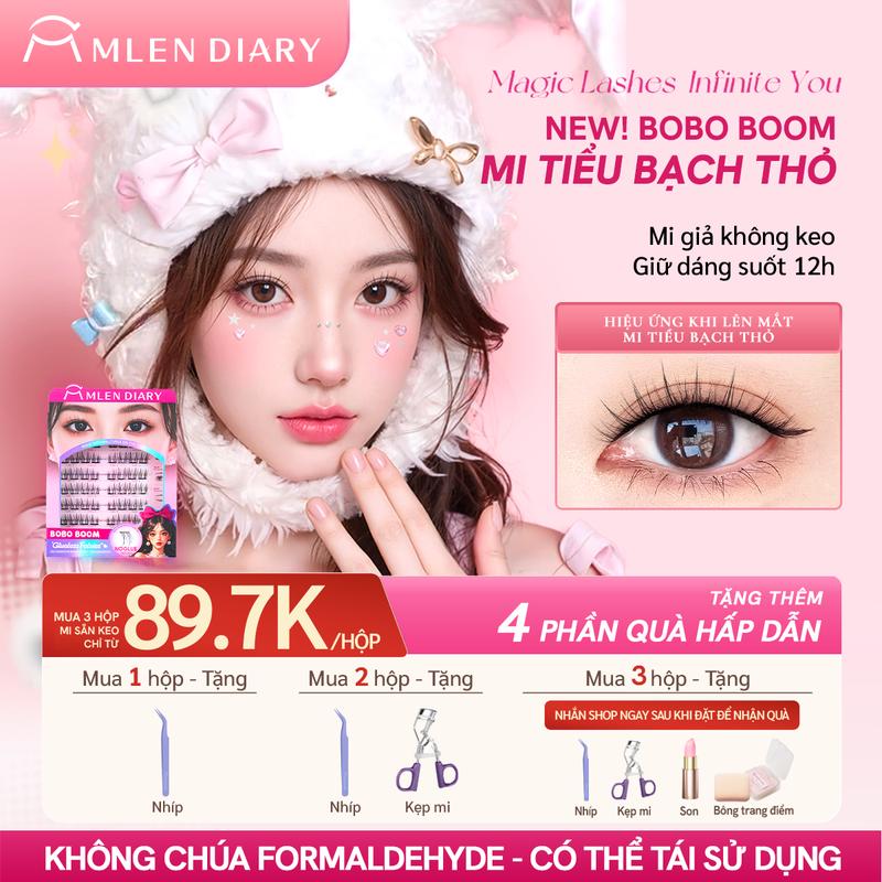  【New Mlen Diary – Mi giả Mi cụm Mi Tự Dính Mi Sẵn Keo Pha Lê Đen Phong cách cute trong trẻo – Mi nhẹ không keo dễ dùng cho người mới,mi tự nhiên mi baby mi đi học mi Hàn Quốc,nhẹ tênh dán nhanh mi đẹp dịu dàng - Mi Bobo Boom - Blingbaby series 
