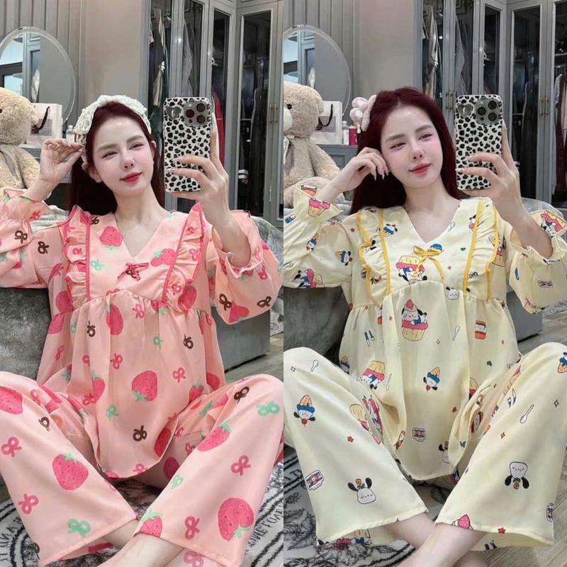 Đồ bộ tay dài lụa mango thiết kế mới , đồ bộ babydoll dể thương , đồ bộ nữ mặc nhà , pijama nữ lụa mềm mịn mát , size dưới 60kg , đồ bộ pizama , Áo ngủ , bộ ngủ