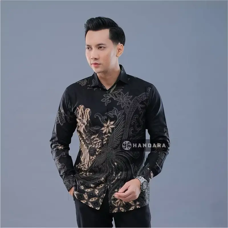 Atasan Baju Kemeja Batik Pria Lengan Panjang Terbaru Kasual Cowok Motif Hitam Reguler M L XL XXL 3