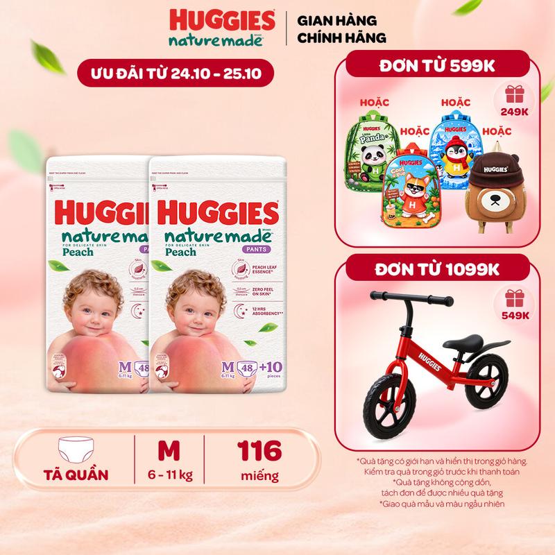 Combo 2 Tã quần Huggies Naturemade Peach M48+10/L44/XL38/XXL26