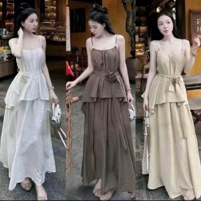 XẢ KHO  set áo 2 dây kèm chân váy dài 94cm tặng dây bông thắt eo sang chảnh