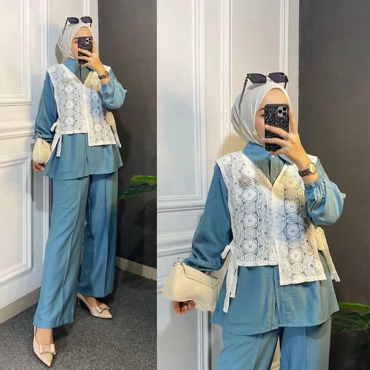 Ameera Set Cringkle Vest Bruklat Setelan Wanita Modern Rompi Bruklat Crinkle Airflow Remaja Karet