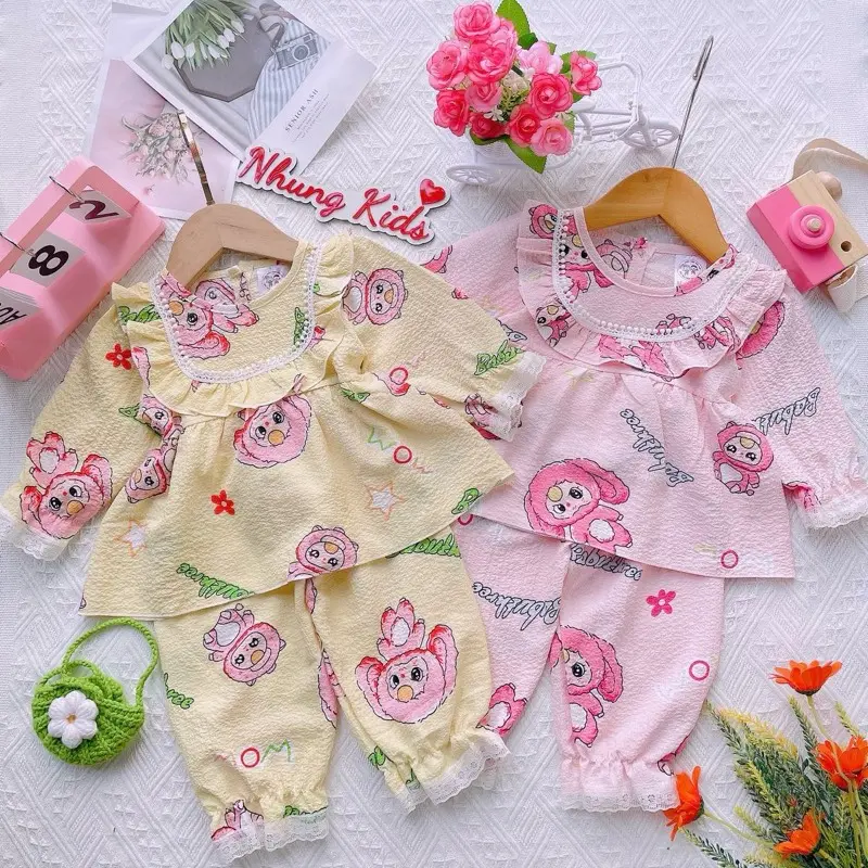 (8kg-13kg)Bộ dài áo tay dài bo chun, quần dài chất vải đũi hàn cho bé gái từ 8kg đến 13kg dưới 3 tuổi