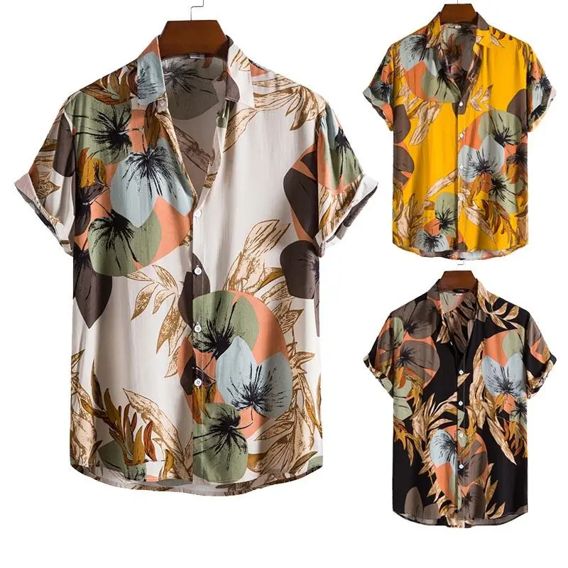 New Men's Vintage Fashion Collar Button Up Floral Polo Shirt Original Summer Casual Loose Short Sleeve Hawaii Shirt