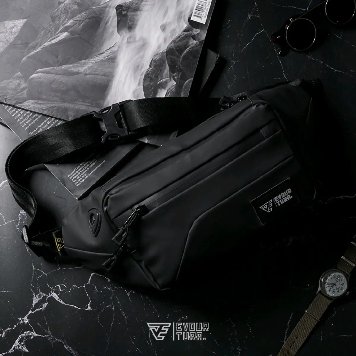 Evourtura Tas Pinggang & Slempang Premium Anti/Tahan Air Waistbag Waterfroop Tas Pinggang Tas Selempang pria/Cowo Dewasa/Remaja [NORTHON] Hitam Slingbag