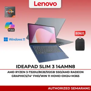 Lenovo IdeaPad Slim 3 14AMN8 AMD Ryzen 3-7320U 8GB DDR5 512GB SSD 14 FHD IPS Windows 11 Home Office 2024 Microsoft 365 Bonus Backpack Authorized Semarang