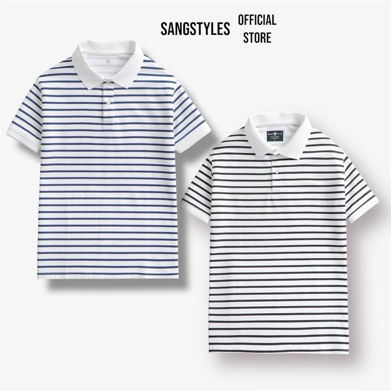 Áo Thun Polo Nam SangStyles Cổ Ngắn Tay Kẻ Sọc Ngang Chất Vải Cotton Dầy Mềm Menswear Shirt