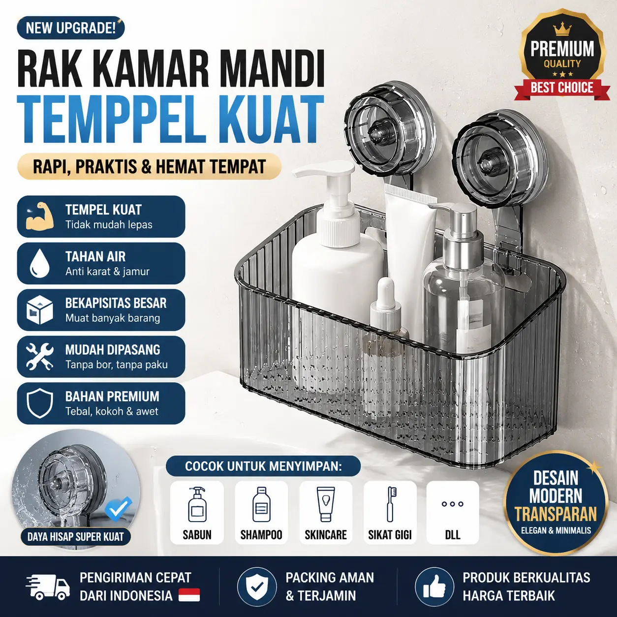 Rak Gantung Serbaguna Kamar Mandi & Dapur / Wadah Kosmetik & Bawang Tempel Suction Anti Gantung Serbaguna