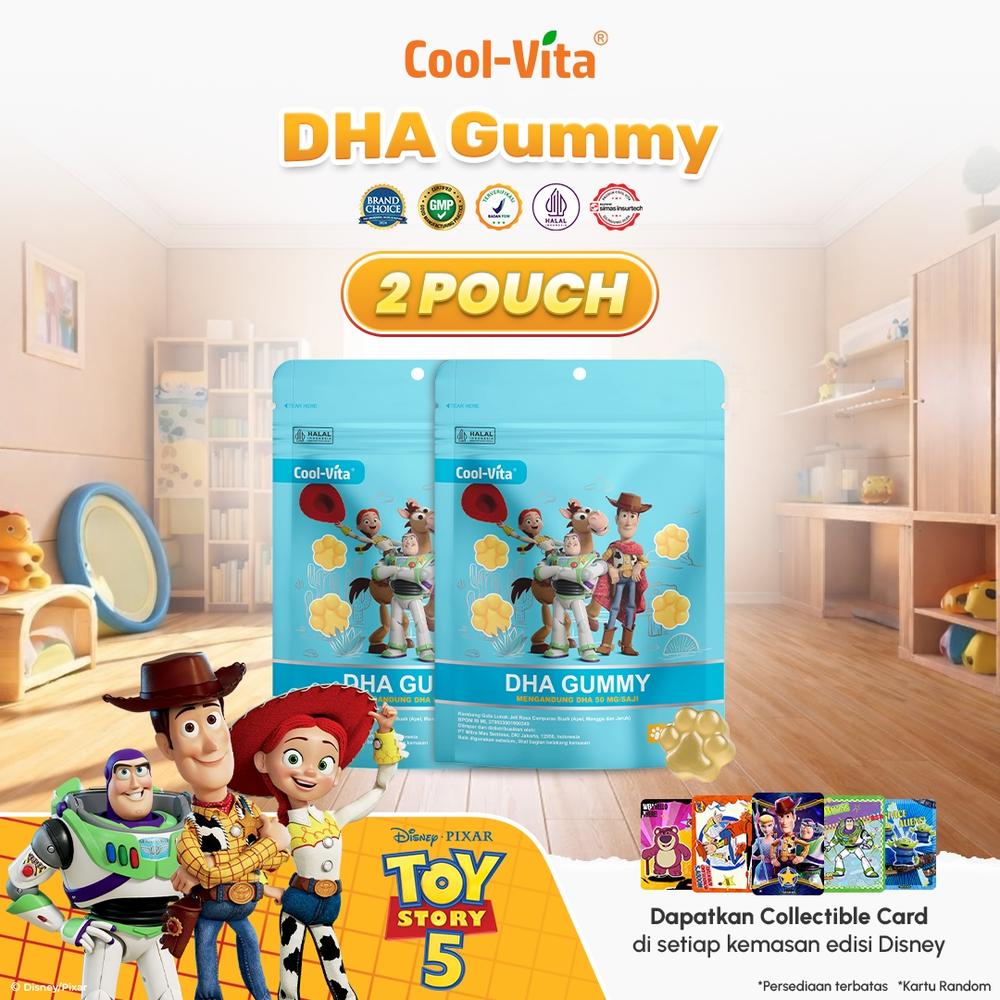 Cool-Vita - Disney Toy Story5 - 2 Pouch Coolvita DHA Gummy 20 Sachet Rasa Buah Mix Apel Mangga dan Jeruk Gummy Vitamin Anak (Mulai 3 Tahun) dan Dewasa| Gummy Bervitamin Dukung Tumbuh Kembang Otak Opti