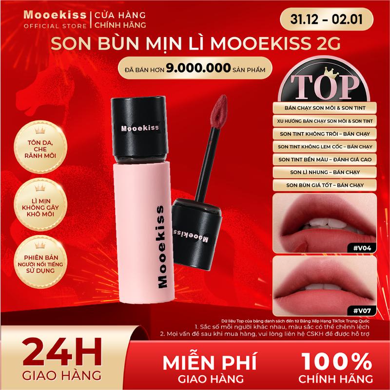 Son Môi Mooekiss Son Bùn Lì Mềm Mịn Như Nhung Giúp Làm Giảm Thâm Môi Sáng Da Cho Tone Da Vàng 2g*1