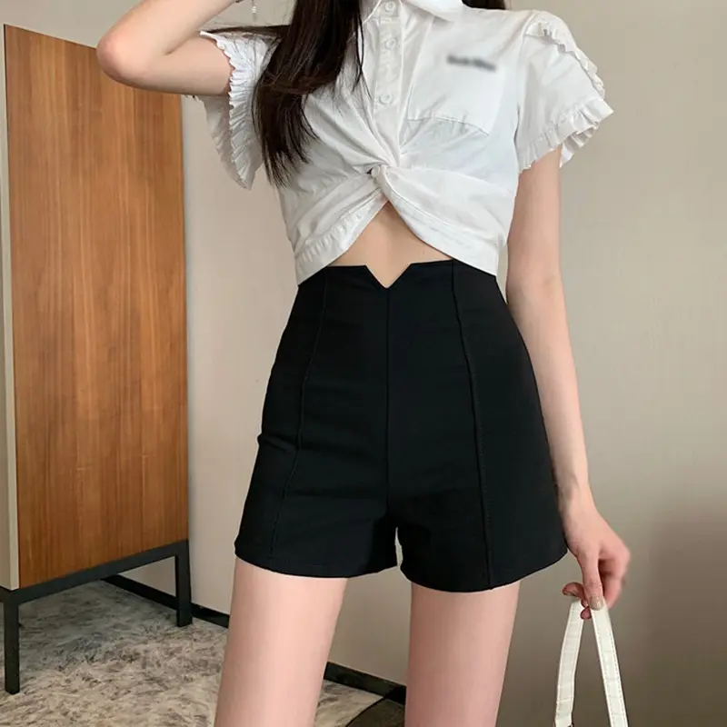 Women's high-waisted shorts solid black casual summer shorts
