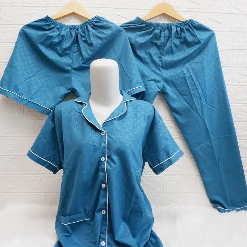 Baju Tidur Piyama Wanita Cewek Pajamas Dewasa Katun Motif Embos Celana 3in1 6