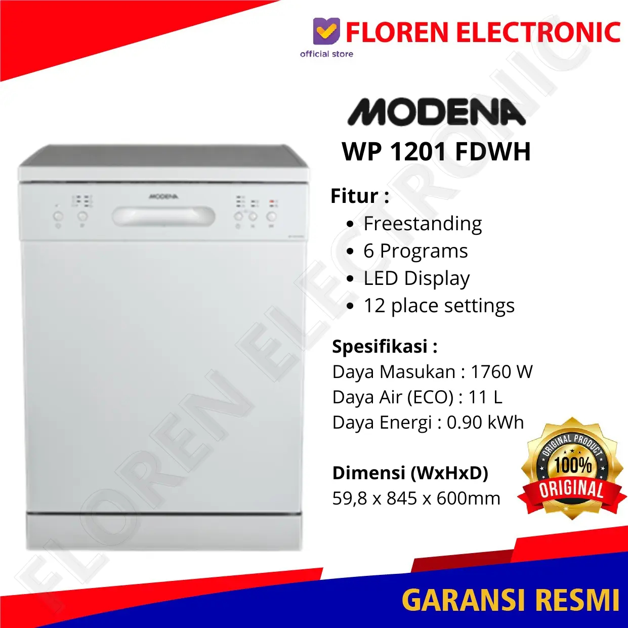 Modena Dishwasher WP 1201 FDWH / WP1201FDWH / 1201FDWH Mesin Cuci Piring BARANG BARU DAN SEGEL MURAH GARANSI RESMI MODENA INDONESIA