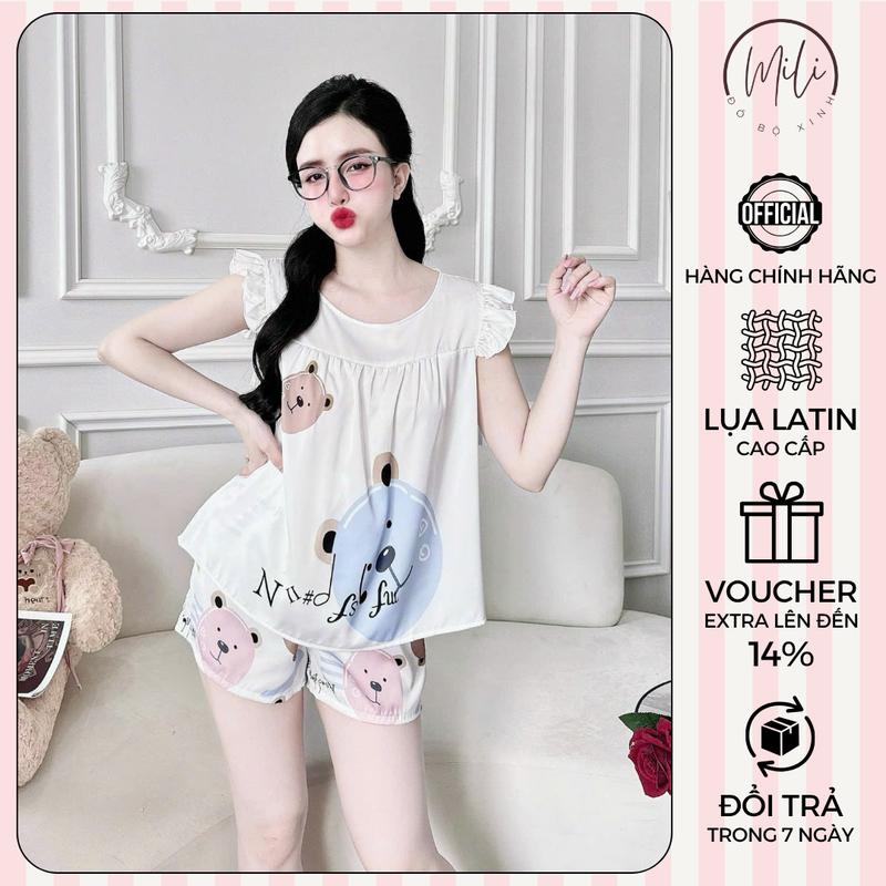  Bộ Đồ Ngủ Nữ MiLi – Áo Cổ Tròn Tay Cánh Tiên Dễ Thương Quần Đùi Có Túi – Vải Lụa Latin Cao Cấp Đồ Bộ Mặc Nhà Xinh 