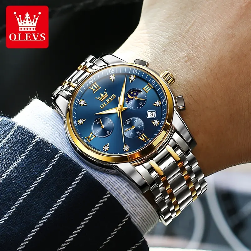 OLEVS men's stainless steel chronograph watch, large face gold silver black tone easy to read analog quartz watch, luxurious waterproof date diamond Roman Arabic numeral dial formal watch 3