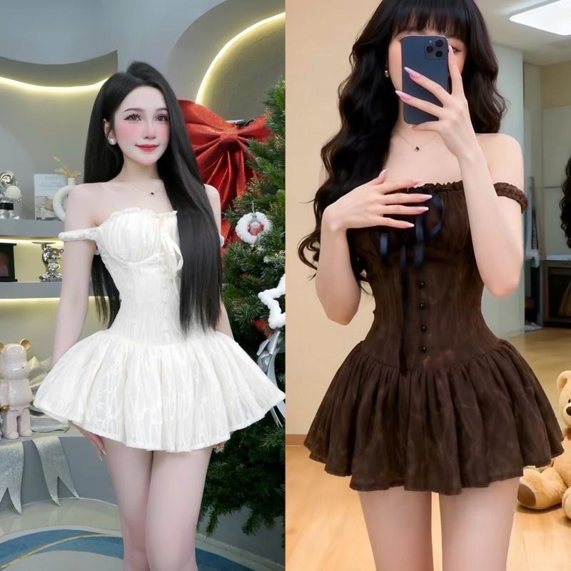  Đầm trễ vai form ngắn xoè bồng ren hoa cúc nhún v1 KÈM QUẦN kho sỉ hải chuyền Đ644 