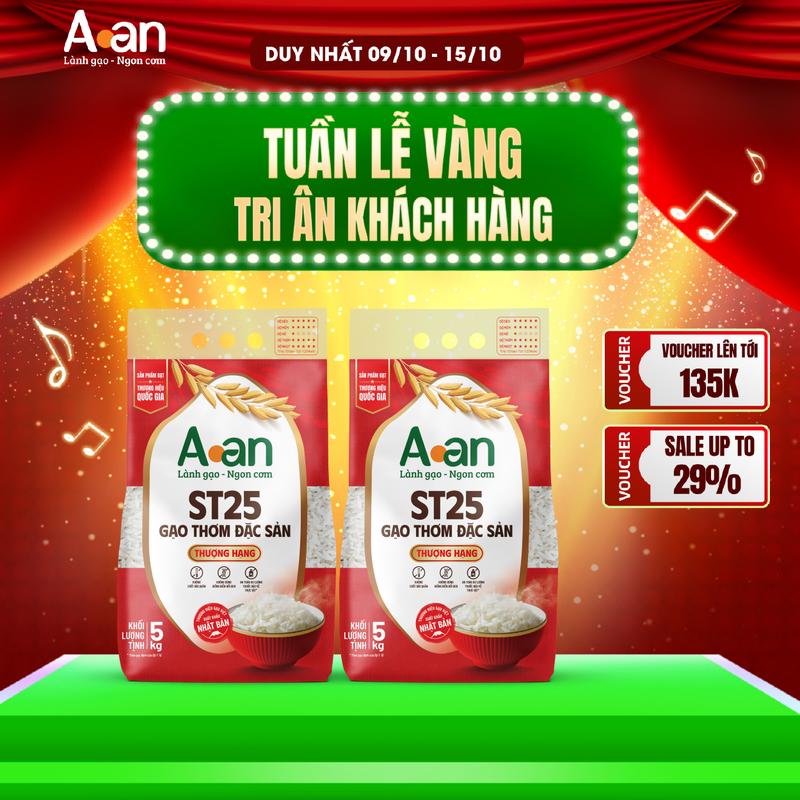 Combo 2 túi Gạo A An ST25 thượng hạng - túi 5kg - Bao bì mới-  Thương hiệu gạo A An - Hạt gạo nhỏ dài, trắng đều, hương thơm lá dứa đặc trưng