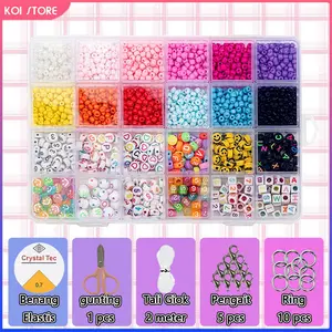 KOI STORE HAPPY DIY 1 Kotak Manik-manik Pasir 4mm Transparan Lucu Korea Dilengkapi 10 Kait 0,7 Tali Elastis 2 Meter Tali Satin 1 Gunting 10 Cincin Datar Kerajinan Tangan