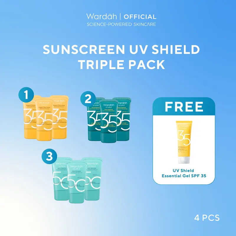 [BUY 3 GET 4] [TRIPLE PACK] Wardah UV Shield Sunscreen SPF 35 SPF 50 - Airy Smooth, Essential Gel, Acne Calming, Aqua Fresh, Tone Up, Physical 0