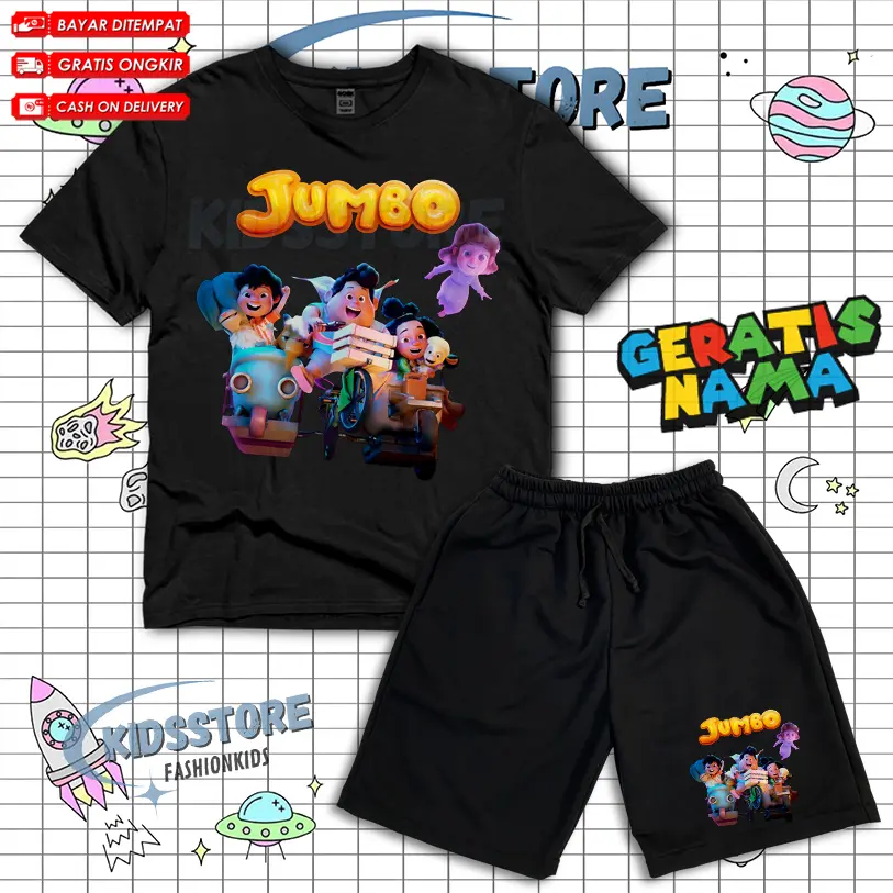 Setelan Anak Kaos Celana Pendek film kartun jumbo, Bahan Cotton Combed Baby Terry, Sablon DTF, Free Nama