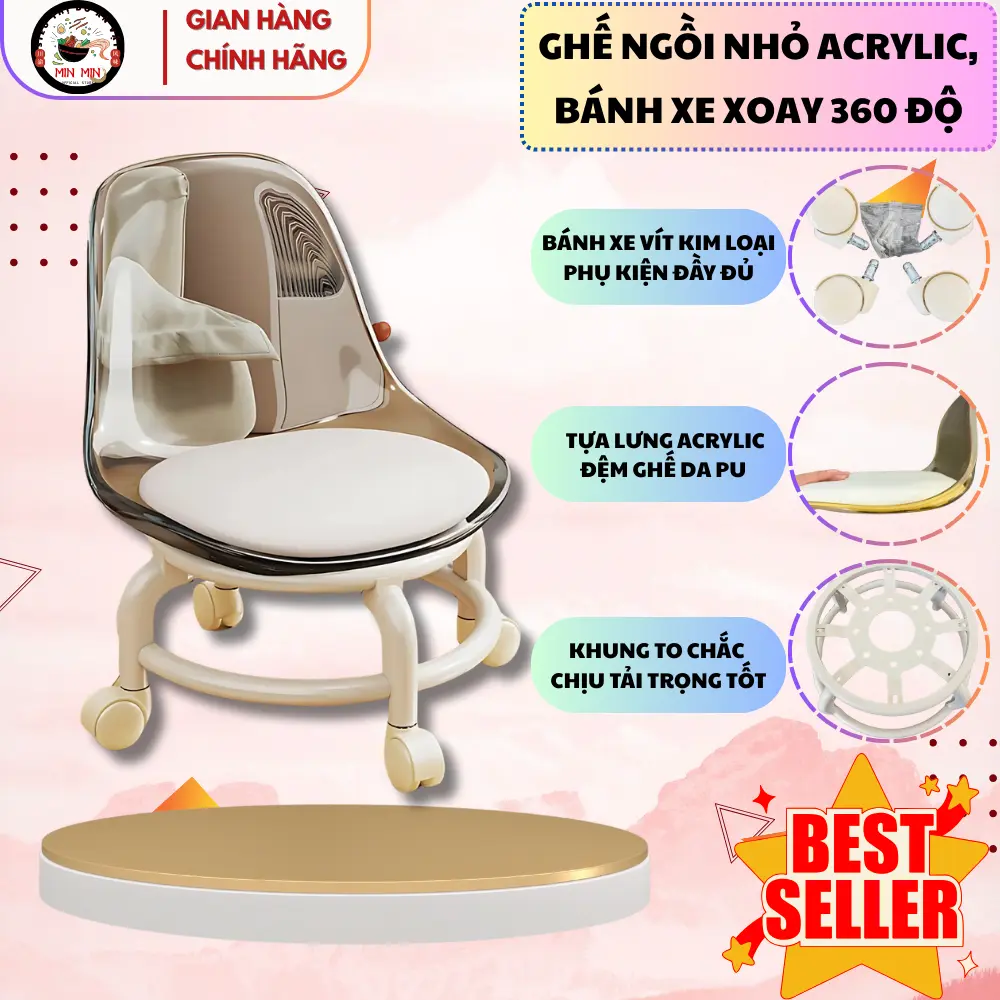 Ghế Ngồi Nhỏ Chất Liệu acrylic Có Bánh Xe Không Ồn 360 Độ. Ghế trẻ em