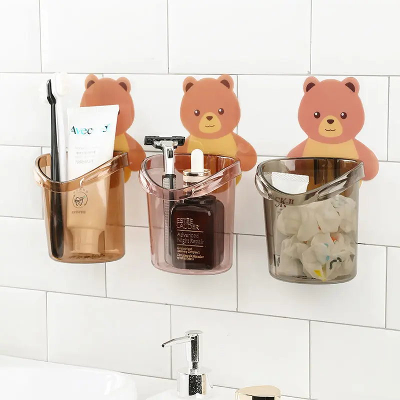 Bear Cup Wall-Mounted Hugging Storage Cup, Adhesive Hanging Cup Rack, Draining Toothbrush Holder
