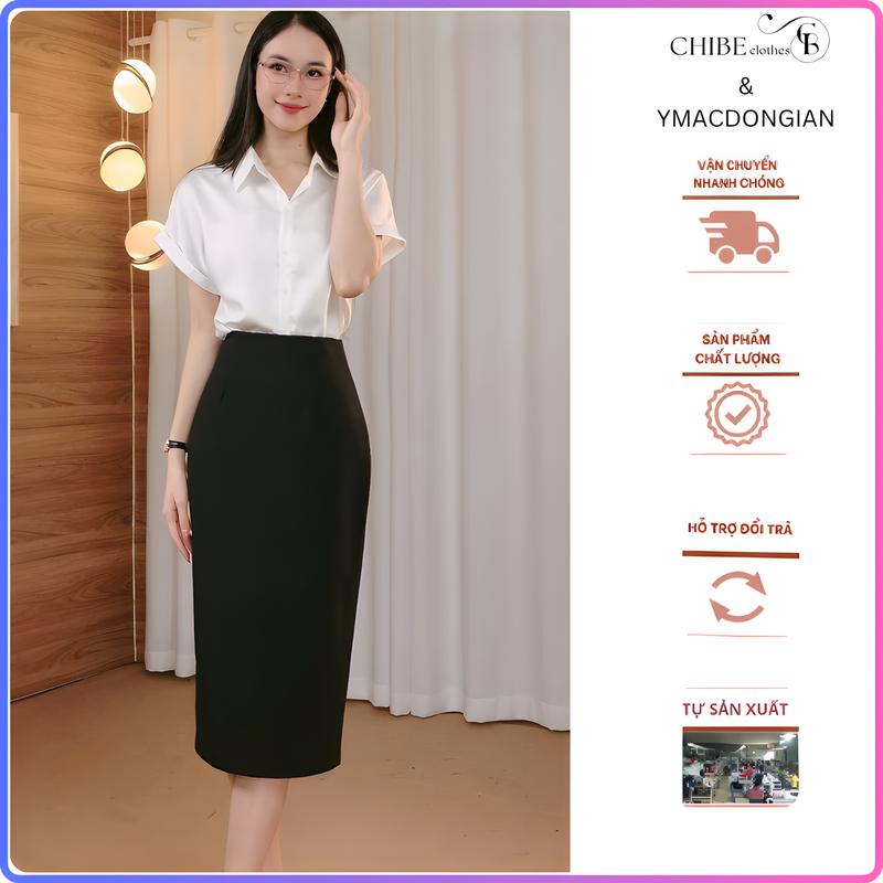 Chân váy bút chì công sở xẻ sau 2 lớp 70cm Khuy Nữ Đen