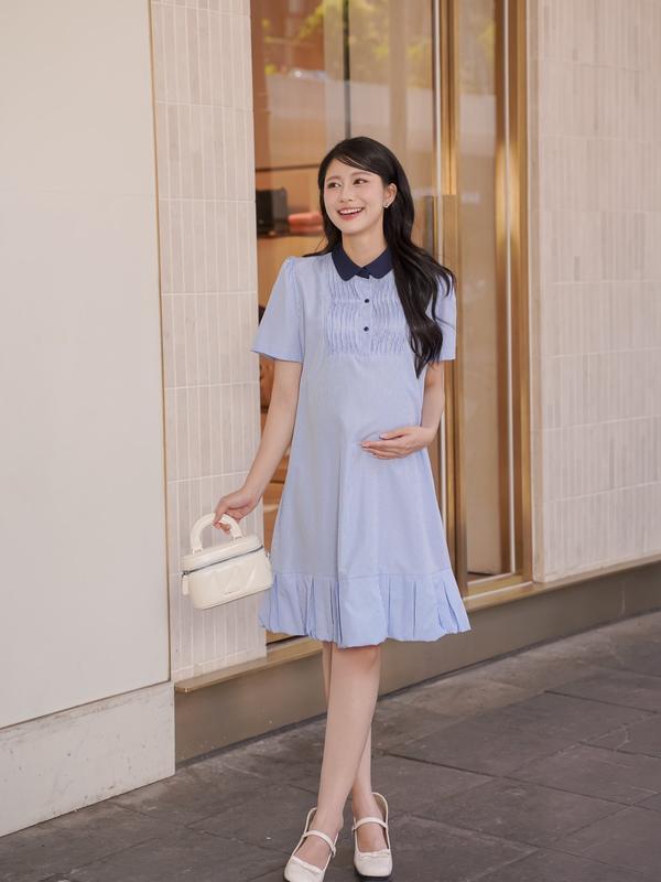 [NEW] Đầm Bầu Suông Đuôi Cá Xếp Ly Cổ Sen Công Sở Thanh Lịch Chất Oxford Kẻ Sọc Thoáng Mát - JTVB142