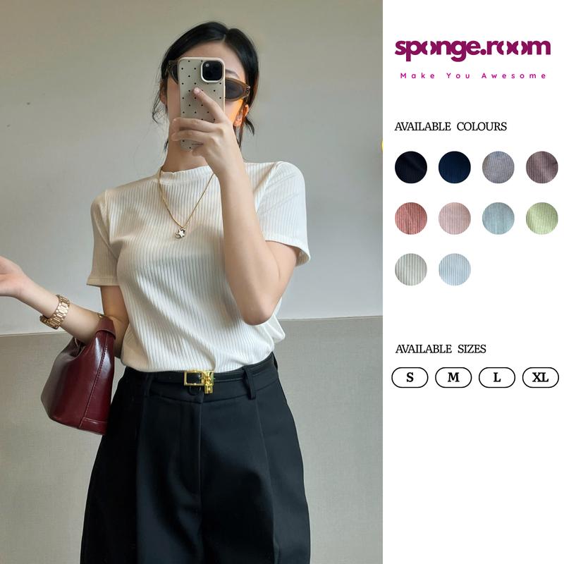 Áo thun bo đũa Basic SPONGE.ROOM trơn cổ tròn ngắn tay babytee Women-216