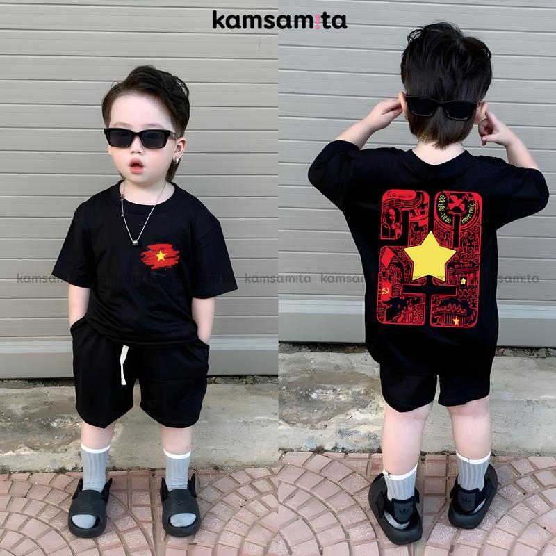 [12-100kg] Áo cờ đỏ sao vàng quốc khánh 2.9 Việt Nam, áo thun yêu nước cho bé và gia đình cao cấp KAMSAMITA form Oversize bản đặc biệt vải cotton premium chính phẩm 95% cotton 5% spandex co giãn 4 chiều cộc tay cho bé 2-10 tuổi mặc hè thoáng mát