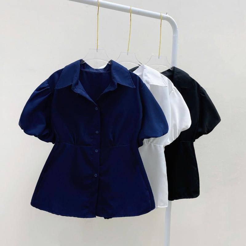  Áo sơ mi bigsize nữ cổ bẻ tay ngắn kiểu phồng nhẹ dễ thương chất trơn lụa hàn mềm mịn phù hợp đi học đi làm - SM192 