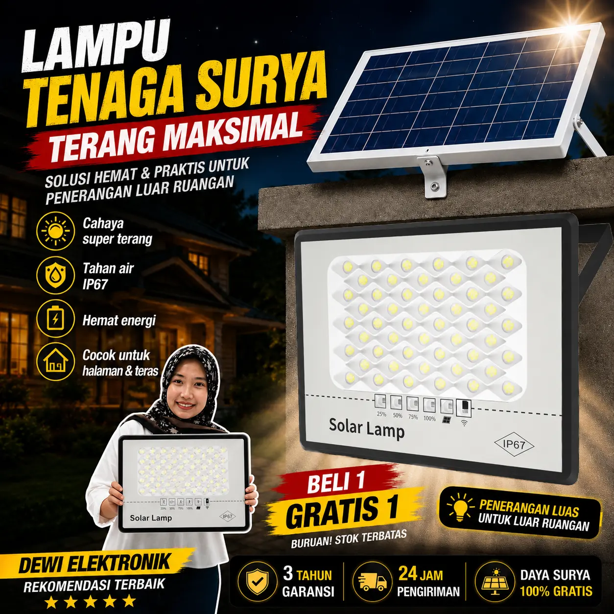 [Garansi 3 tahun]Lampu Tenaga Surya Outdoor Otomatis  Super Terang IP67 Tahan Air LED Solar Baterai Panel Surya Kabel Putih