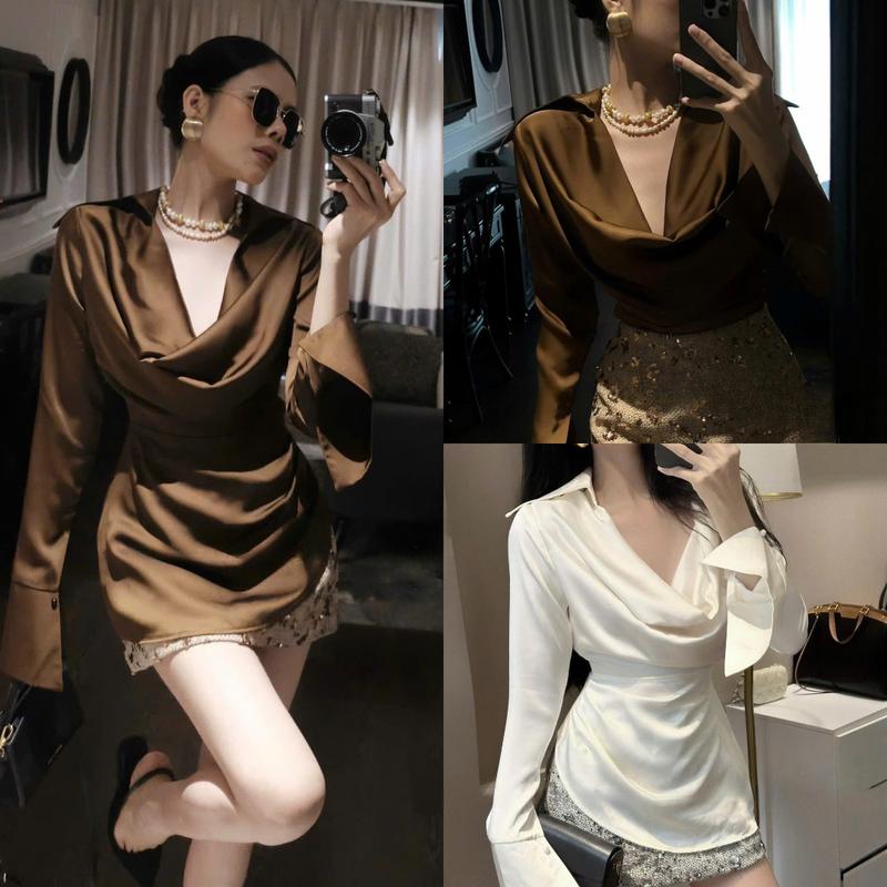   HÀNG CÓ SẴN  G63 Set  áo và chân váy  áo lụa cổ đổ phối chân váy dạ gẩy bling - Set đồ nữ đẹp 