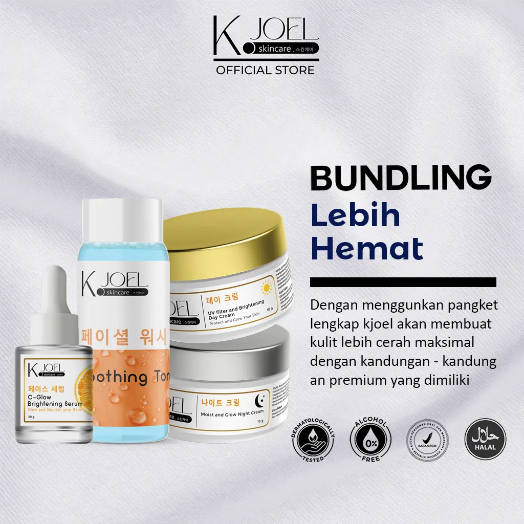 E. KJOEL - Paket Bundling Day Cream + Moist & Glow Night Cream + Serum Vit C + Toner wajah