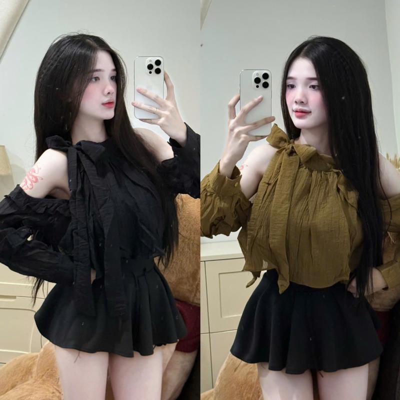 Áo babydoll tay dài áo kiểu nữ trễ vai cổ yếm áo sơ mi bèo chất đũi mỏn PLA162