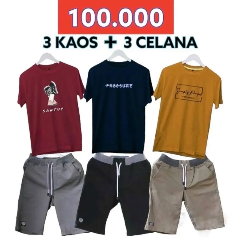 PAKET 100RB DAPAT 3 KAOS + 3 CELANA PENDEK CHINO SETELAN PRIA MURAH
