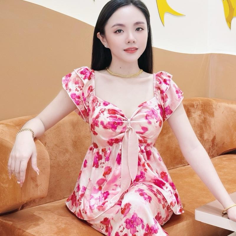  Đồ bộ nữ lụa áo tay cánh tiên 2 lớp  cột nơ to phía trước form xoè babydoll kèm quần ống suông có túi freesize 