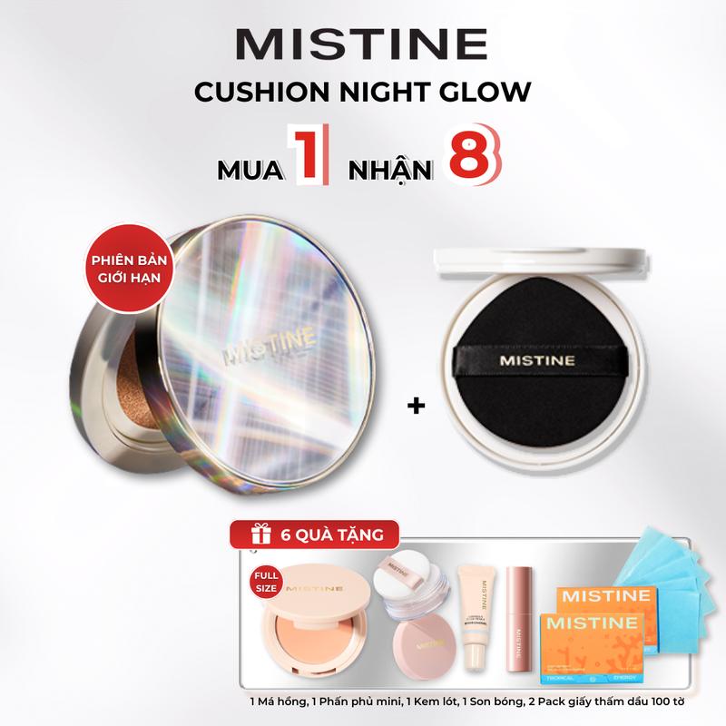 T-C MUA 1 NHẬN 8 | PHIÊN BẢN GIỚI HẠN CUSHION NIGHT GLOW PHẤN NƯỚC MISTINE KIỀM DẦU TỐT - BỀN MÀU LÂU TRÔI 12G*2 Kèm 1 lõi refill + 6 QUÀ TẶNG 1 Má hồng 3g 1 Phấn phủ mini 1 Kem lót 1 Son bóng 2 Pack giấy thấm dầu 100 tờ