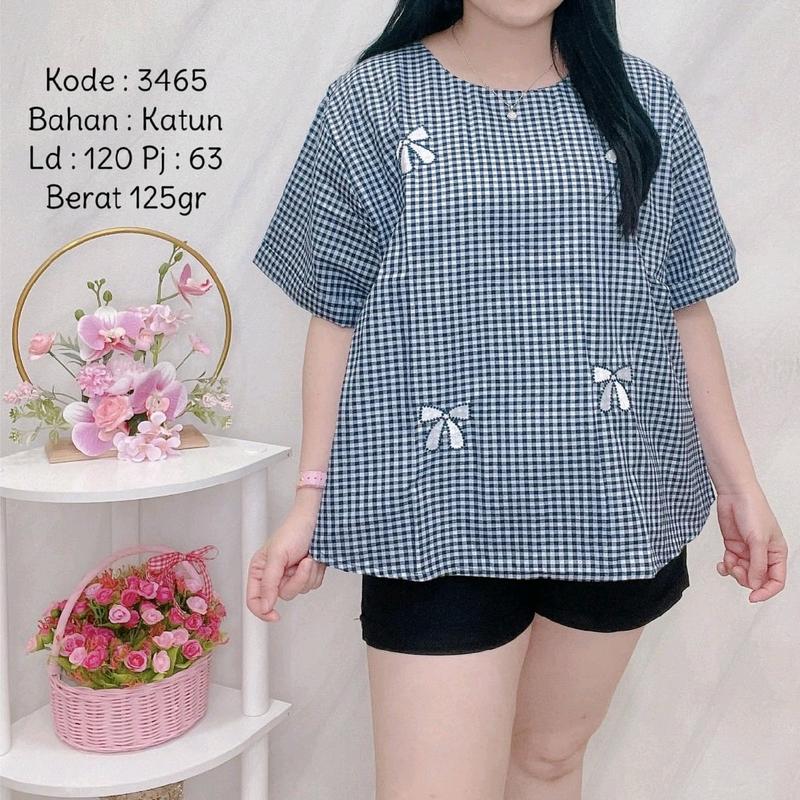 blouse jumbo Wanita Atasan Katun Pendek Baju Cewek Dewasa Casual Motif kotak ld 120cm 1