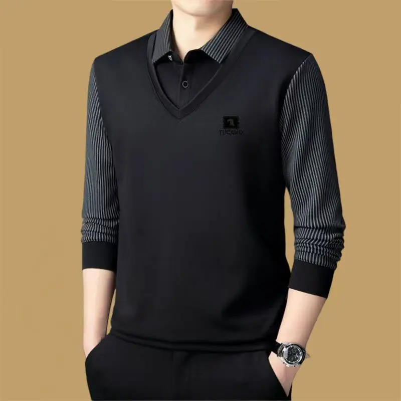 New Men's Shirt 2 in 1 piece Poloshirt Fashion Collar High end T-shirt Long Sleeve Menswear Top