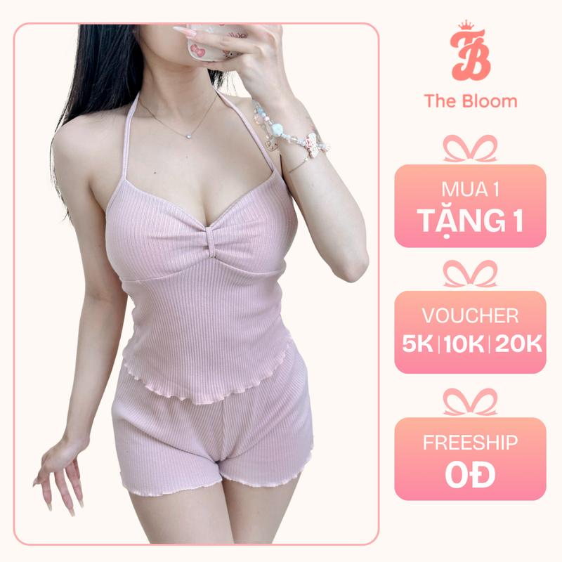 THE BLOOM  CÓ MÚT  Set Bộ Đồ Ngủ Nữ Áo 2 Dây Nhún Ngực Dáng Ôm Và Quần Đùi Bèo Dáng Ngắn Chất Gân Len Đũa Set Ngủ Nữ Mùa Hè Quyến Rũ - SE065 