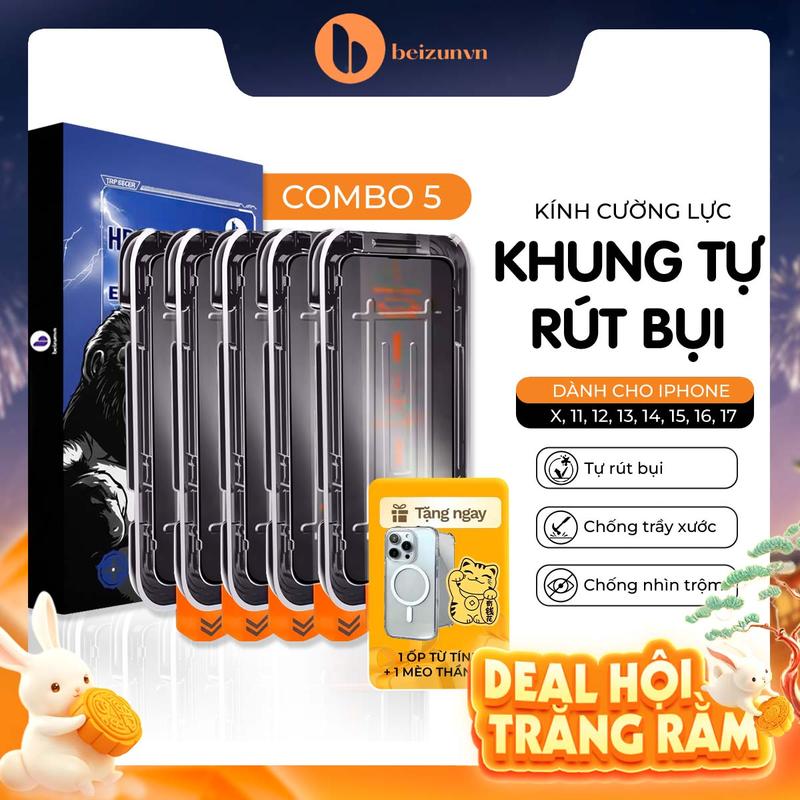 Combo 5 Kính Cường Lực GLASS Khung Tự Dán, Tự Rút Bụi Viền Cong 2.5D Siêu Mượt | Trong Suốt/Chống Nhìn Trộm | Chống Va Đập, Chịu Lực Tốt|Bảo Vệ Màng Loa, Chống Bám Bụi, iPhone 7 - iPhone 18 Promax |TẶNG Ốp Chống Sốc + Mèo Thần Tài