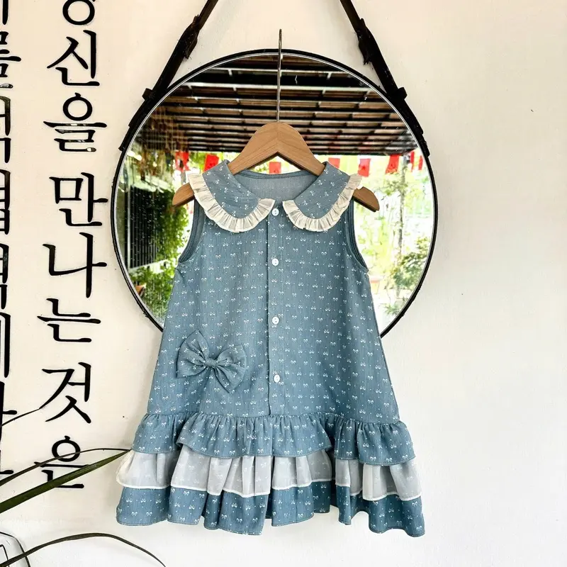 Váy bò lụa in nơ dáng sát nách cổ bèo cho bé diện đón hè .
