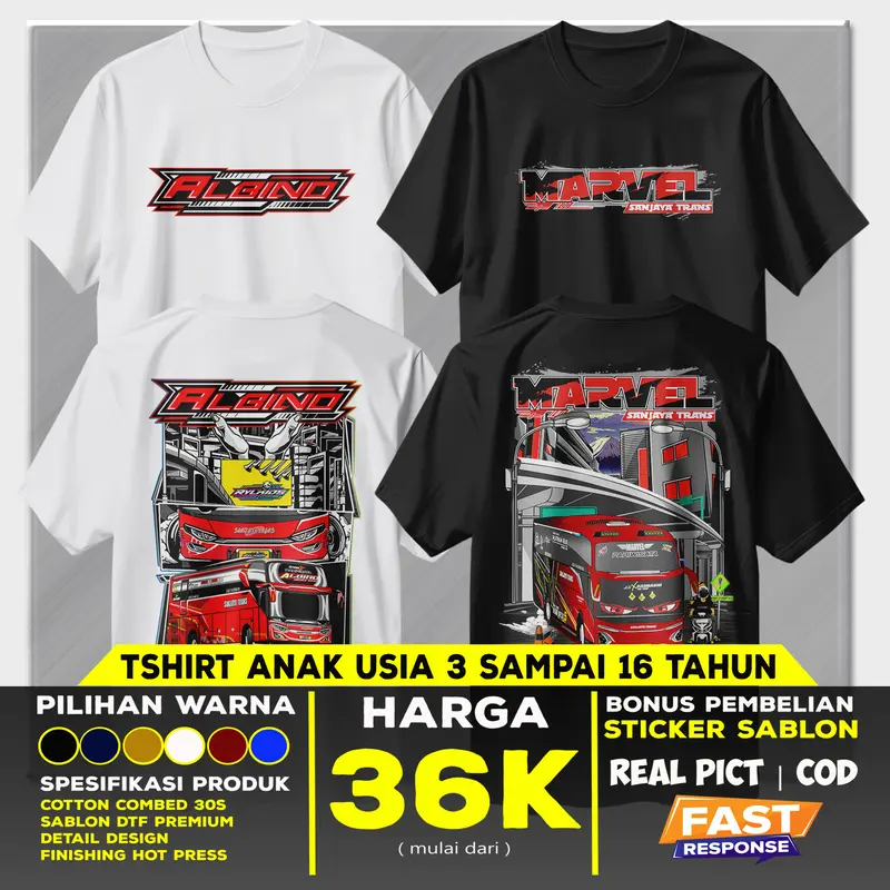 Baju Bus Anak ALBINO jb3 Dan MRVEL JB5 SANJYATRAN  dengan Stiker Gratis | Kaos Basuri Telolet | Foto Real | COD | Fashion 0