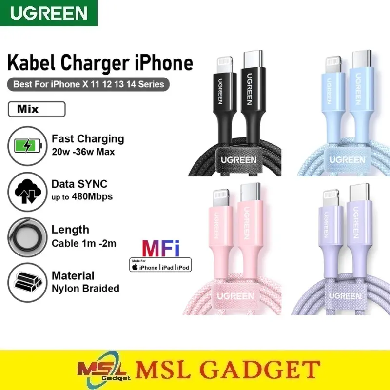 UGREEN Kabel Data iPhone USB Type C to Lightning MFI Nylon Braided PD Fast Charging